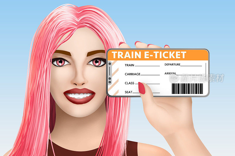 概念列车电子票(electronic ticket)。画美丽的女孩在生动的背景。插图